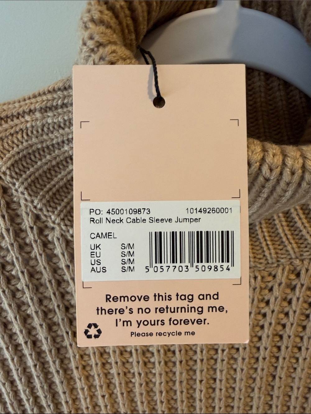 Missguided Roll Neck Cable Sleeve Sweater in Camel, Size S/M NWT